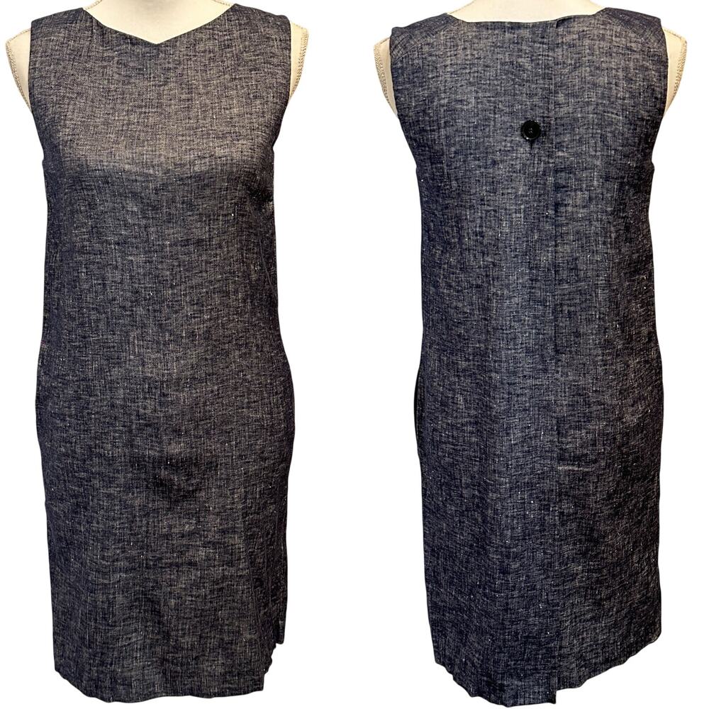 Theory Narlica Linen Chambray Sleeveless Shift Dress Dark Denim Tierra Wash Sz 0